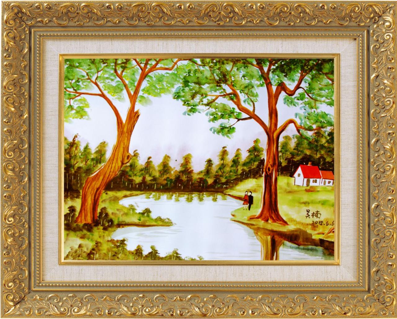 水彩风景画 带画框 吴老师画