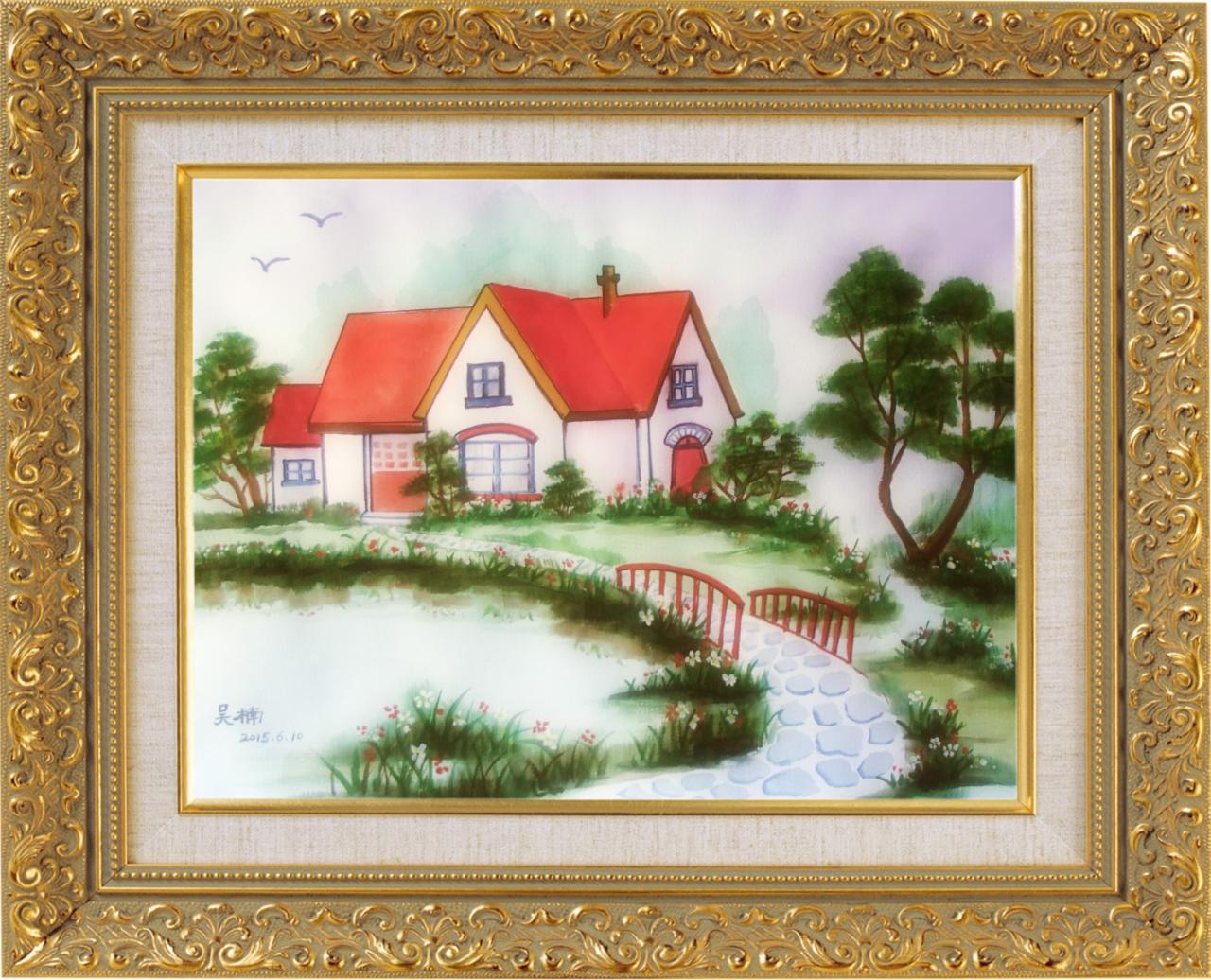 房屋 水彩风景画 带画框 吴老师画