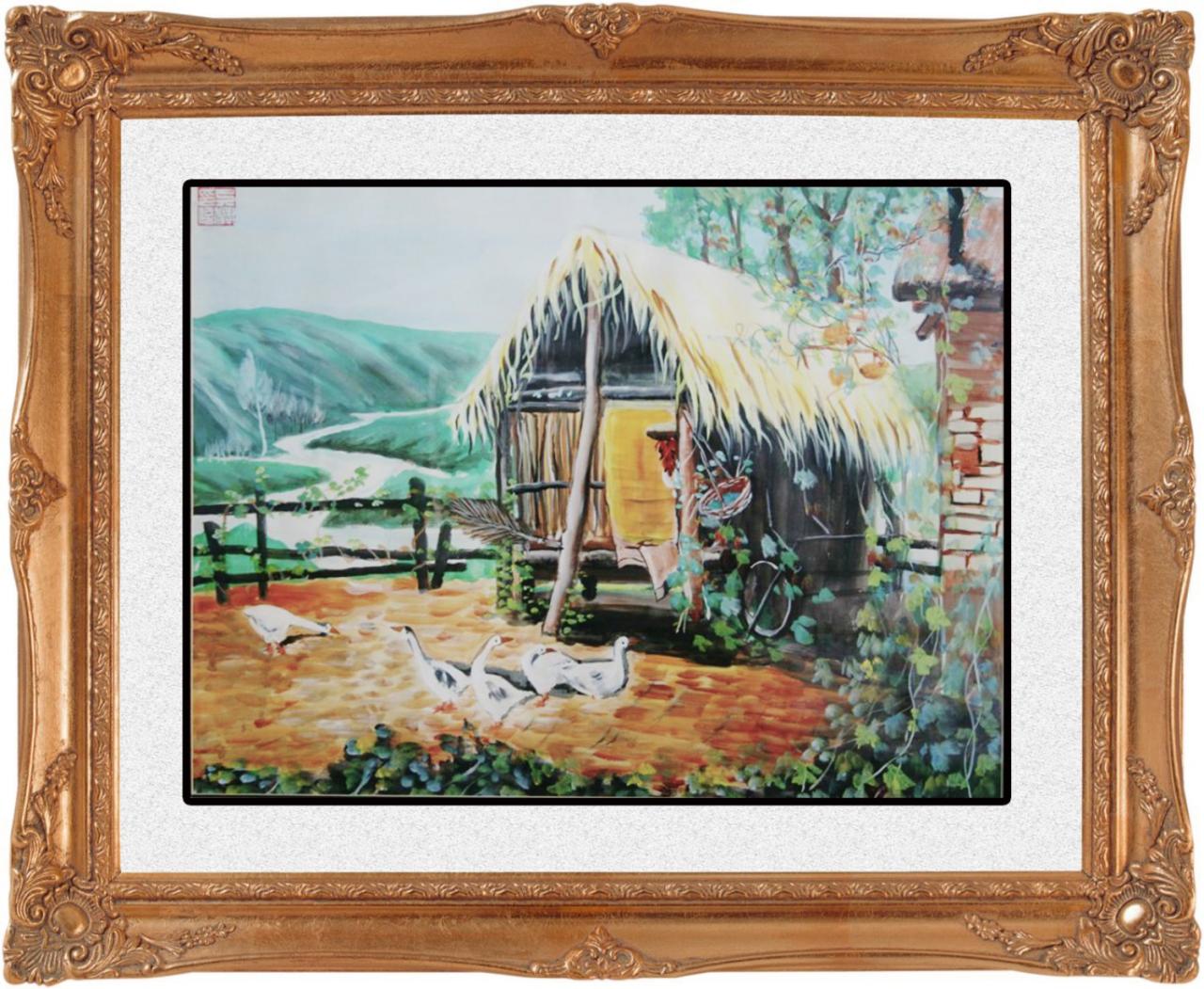 茅屋 水彩风景画 带画框 吴老师画