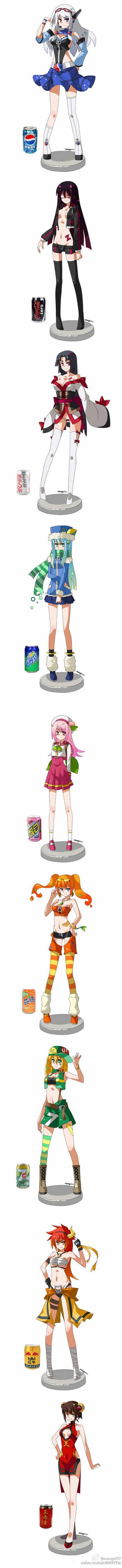 可乐、雪碧、红牛、王老吉等的萌化手办图