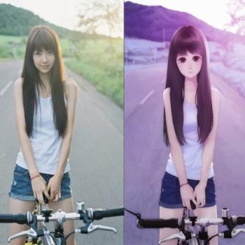 三次元美女和萌化后坐在自行车上对比照