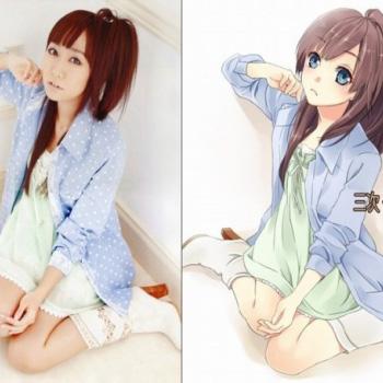 三次元美女和萌化后端坐摆pose对比照