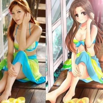 三次元美女和萌化后穿热带风格连衣裙对比照
