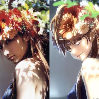 三次元美女和萌化后头戴花环头饰对比照