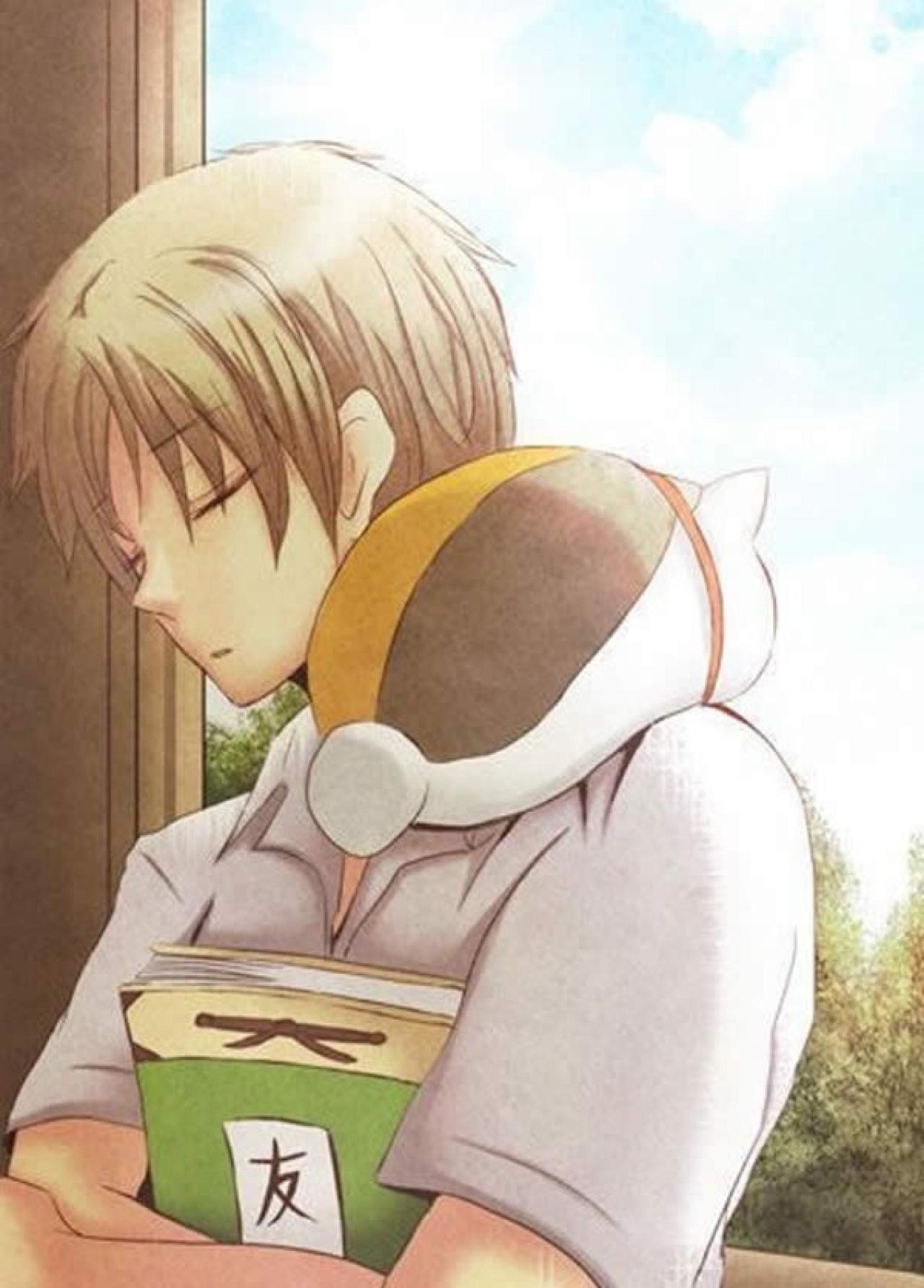 夏目友人帐主人公和猫依偎在窗台的治愈图片