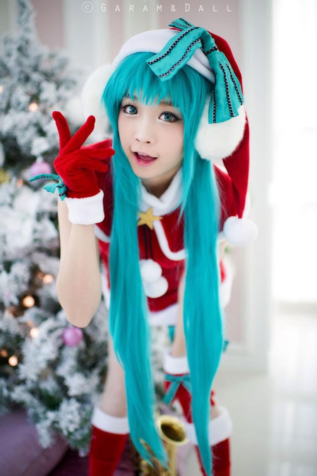 兔娘青色头发双马尾圣诞服正面照