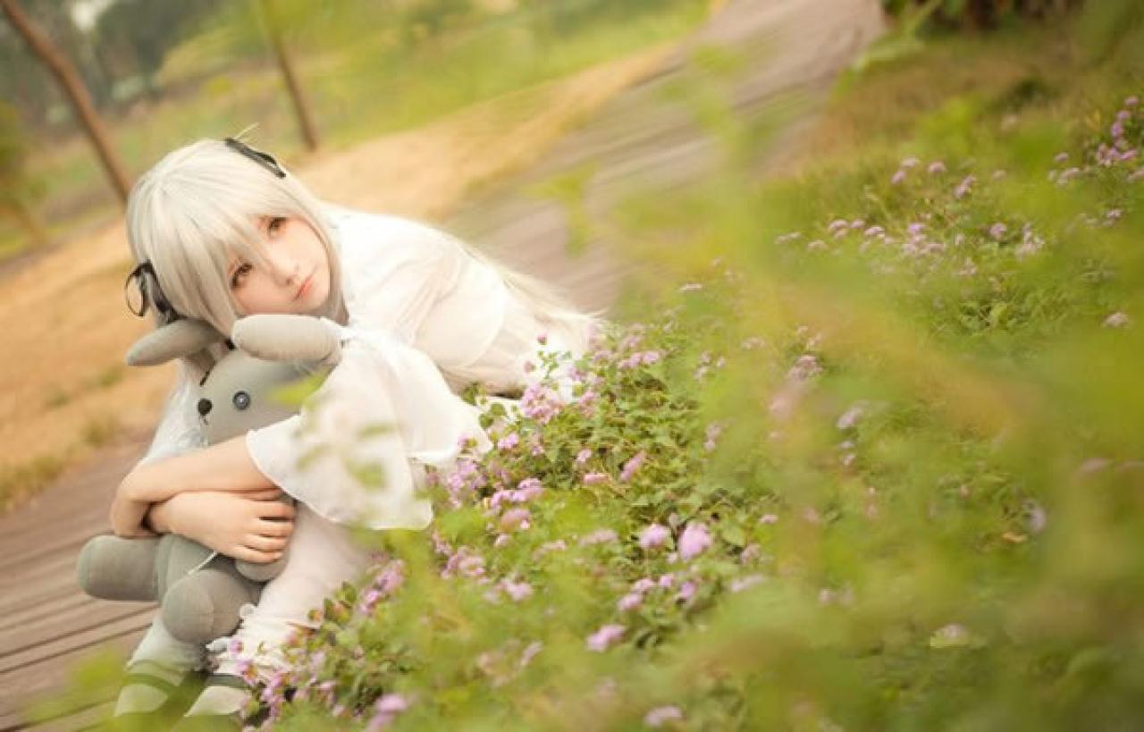 哀子扮演穹妹穿着白色连衣裙蜷缩着抱着小熊和膝盖，坐在木板上看着芦苇丛的样子