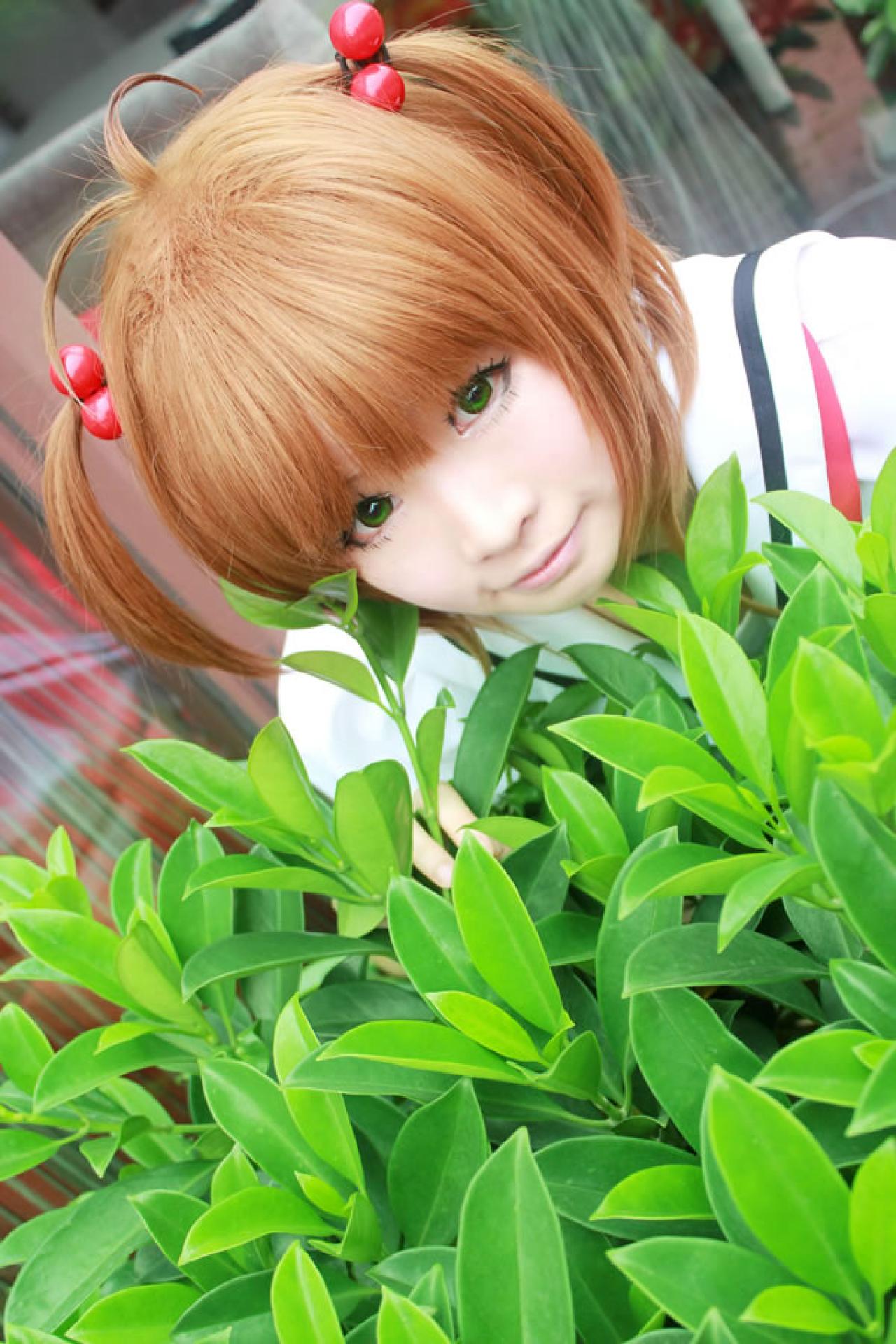 米兔扮演魔法少女穿着校服蹲在万年青旁边，只露出脸微笑的样子