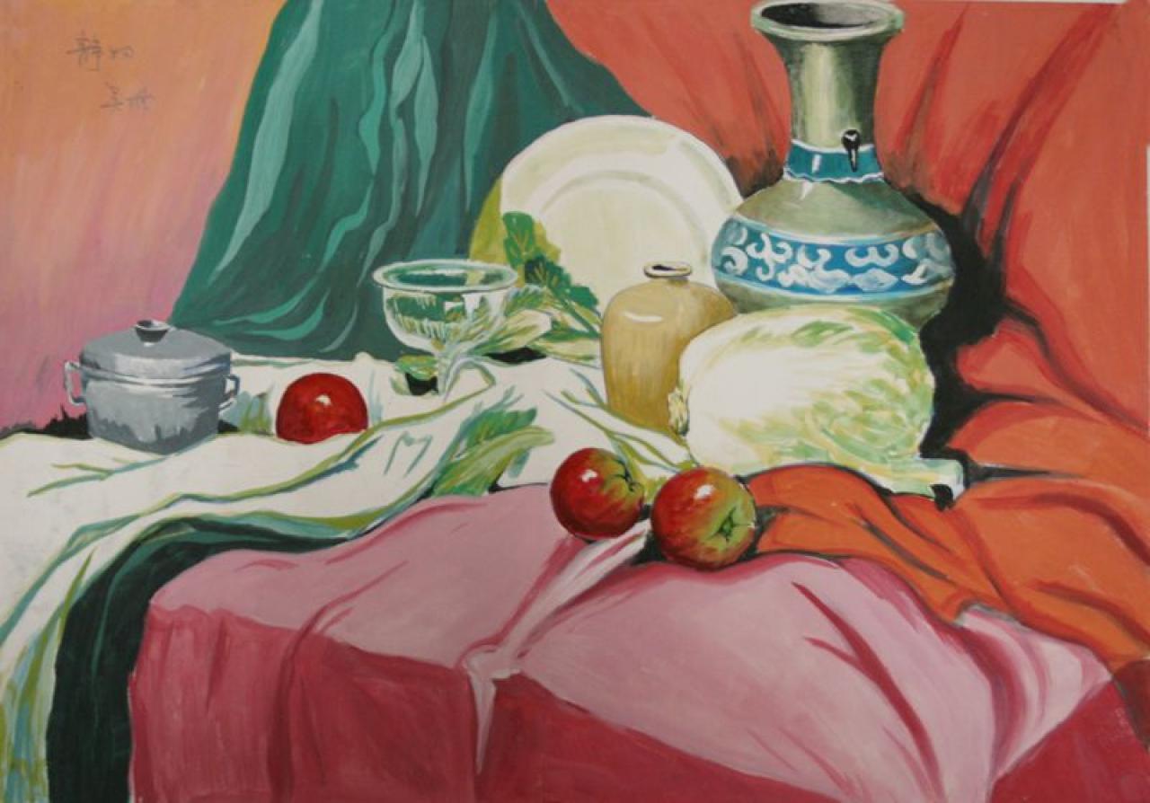 盘子 锅 苹果 白菜 罐子静物组合