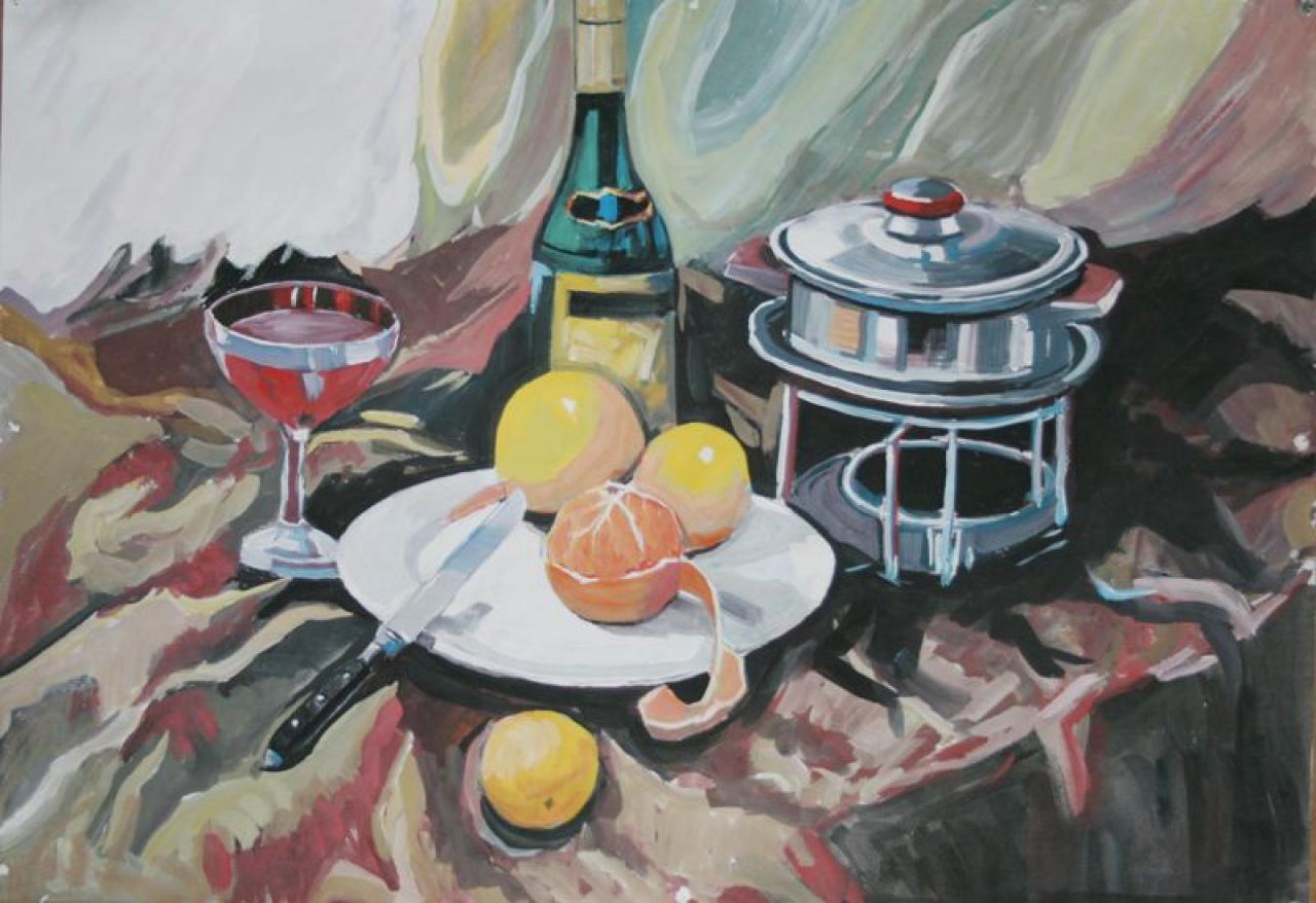 啤酒 饭锅 橘子 杯子 水果刀静物组合