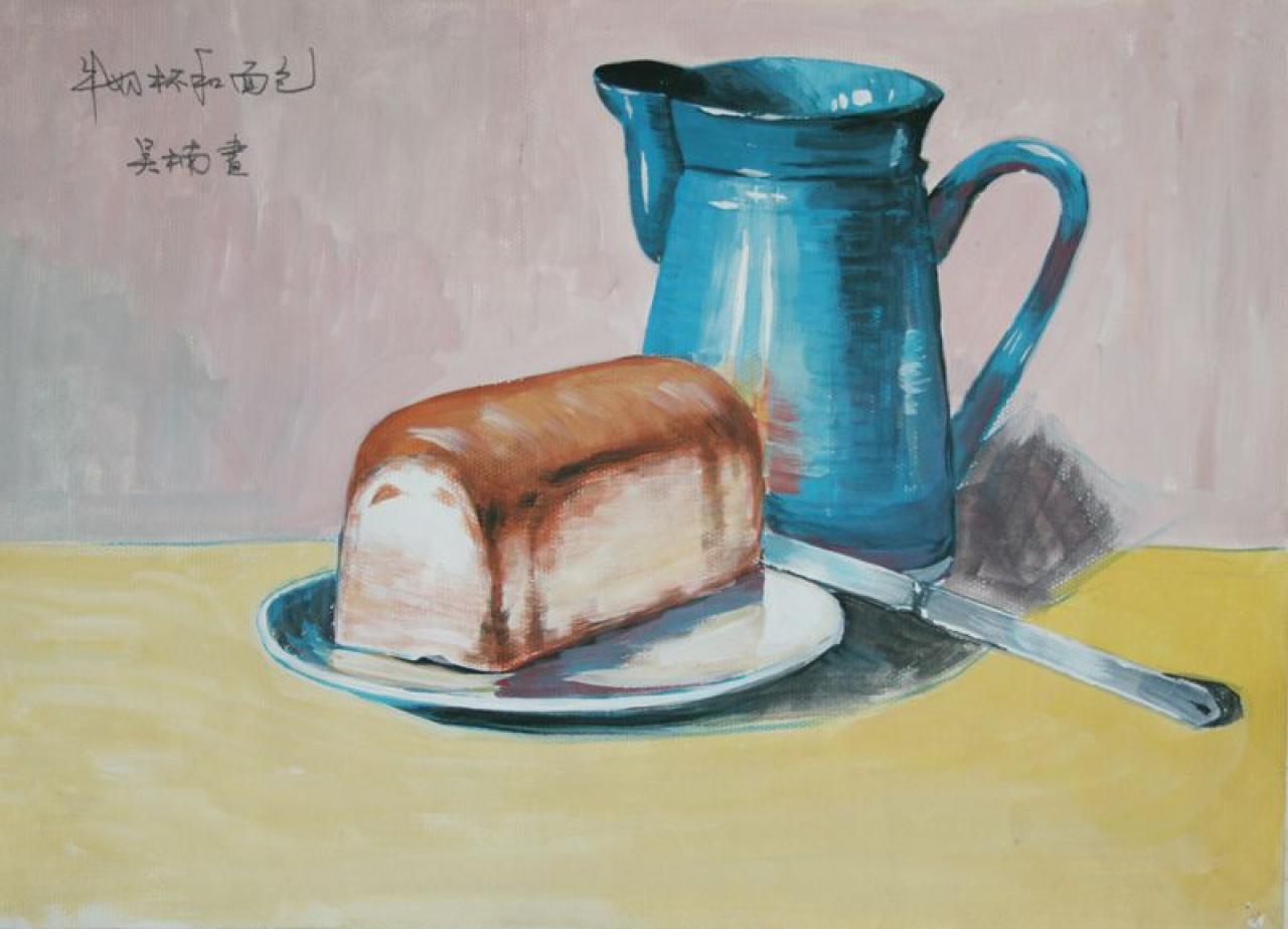牛奶杯和面包 吴楠画