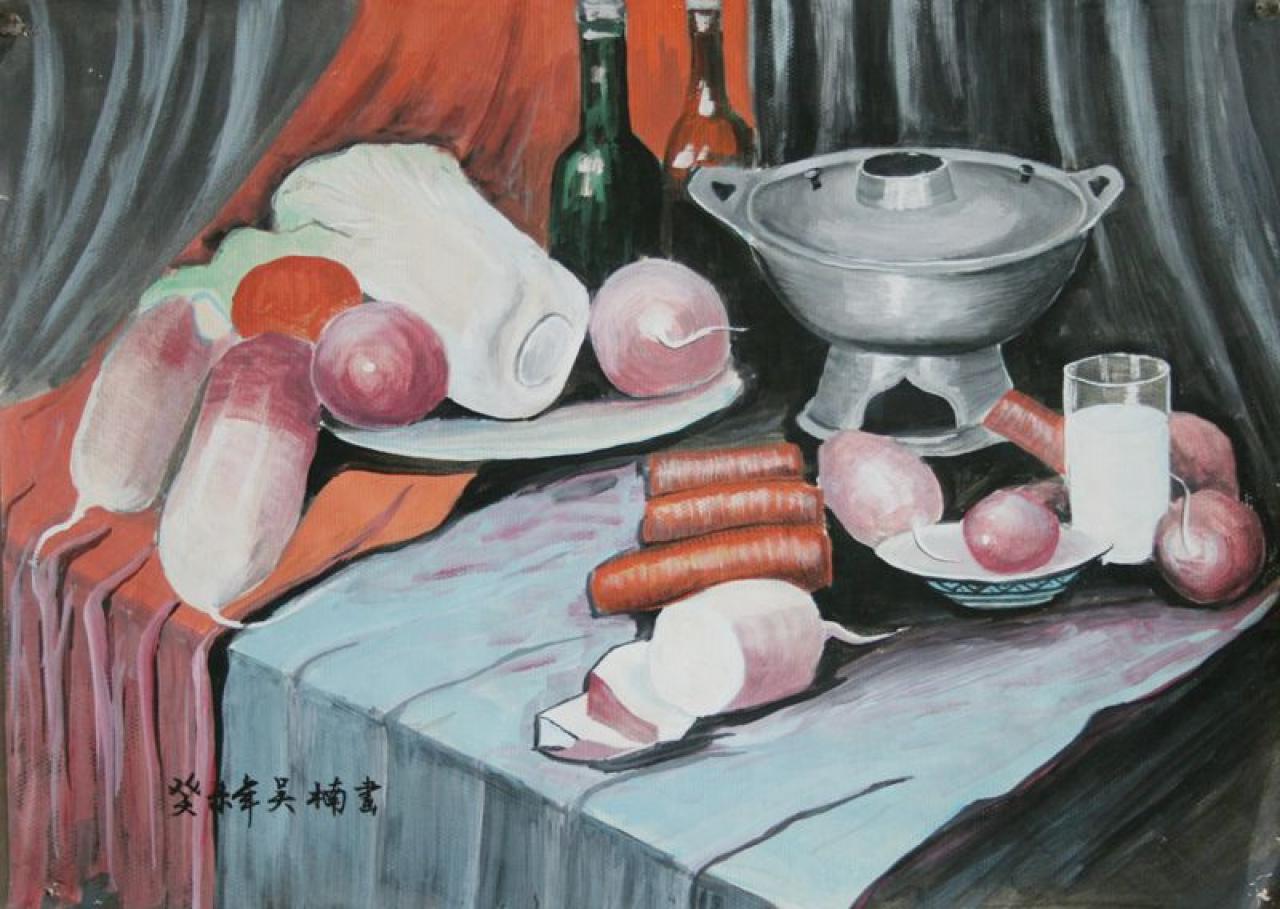 火锅 白菜 萝卜 洋葱 啤酒瓶 杯子静物组合