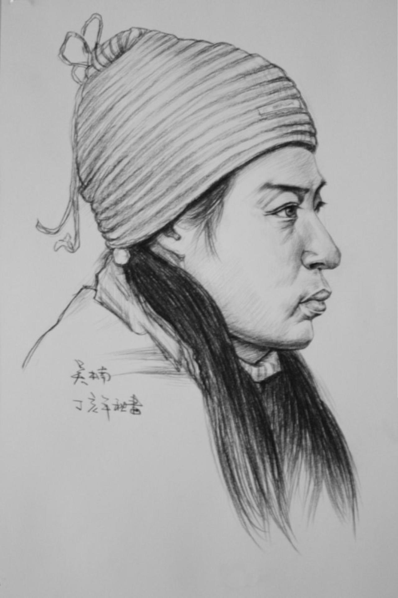 素描 戴帽子的青年女孩 丁亥年秋 吴楠画