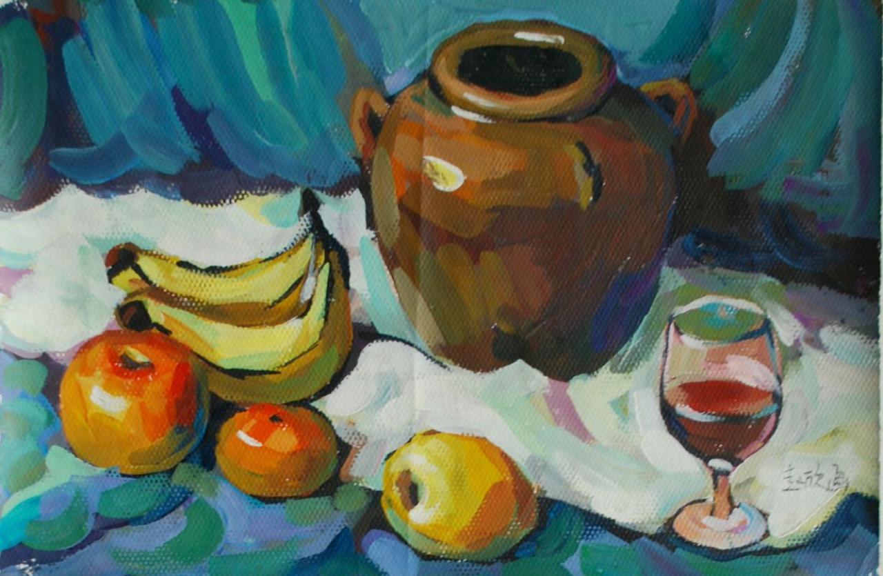 罐子 香蕉 苹果 玻璃杯组合 赵欣画
