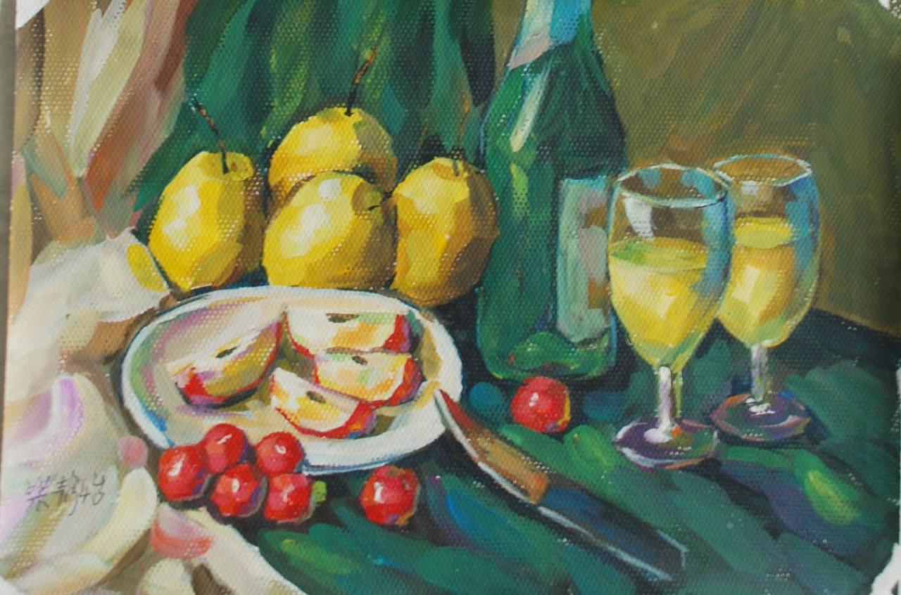 梨 苹果 玻璃杯 啤酒瓶 樱桃 刀组合 柴静怡画