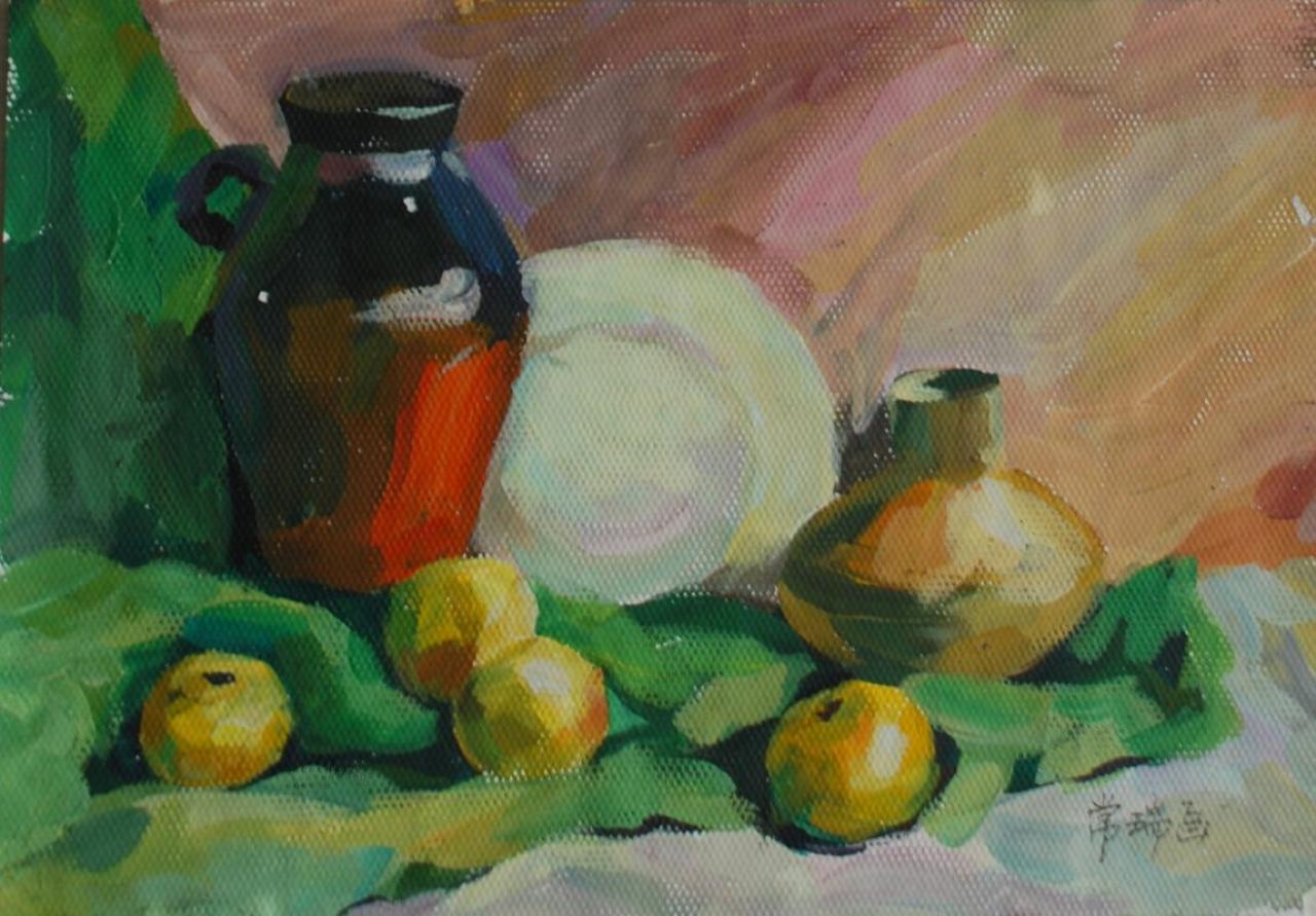 花瓶 盘 橘子组合 常瑞画