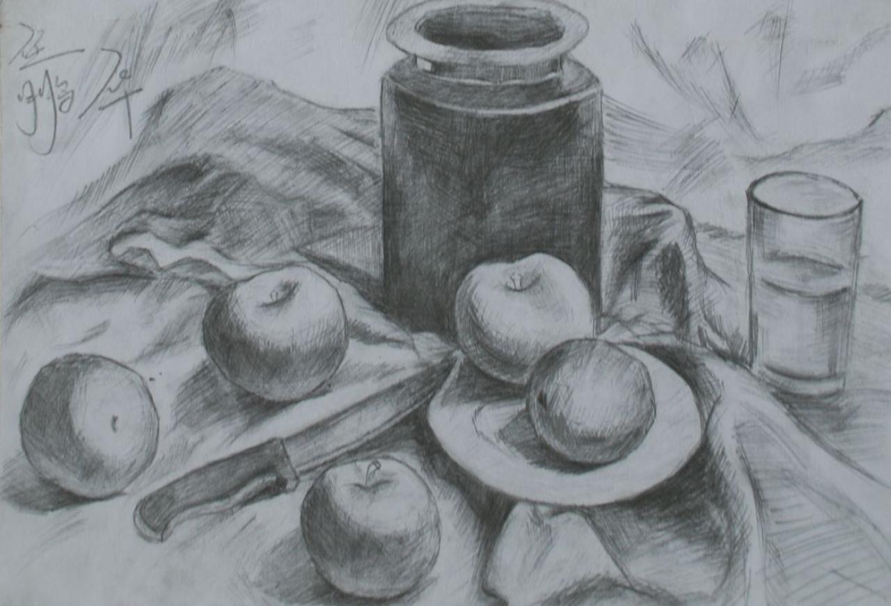 罐子 玻璃杯 苹果 盘子 水果刀组合 任鹏华画