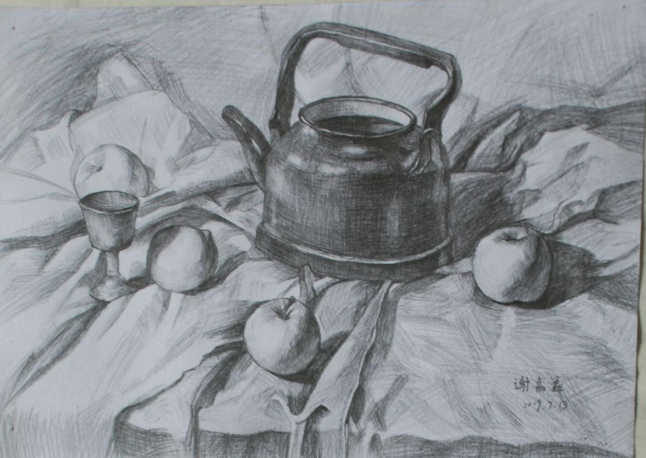 水壶 玻璃杯 苹果组合 谢嘉鑫画