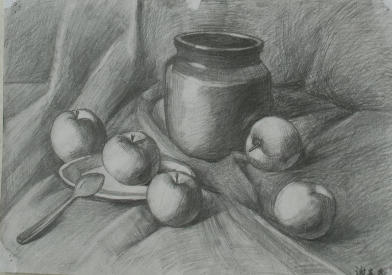 罐子 苹果 勺子 盘子组合 谢嘉鑫画