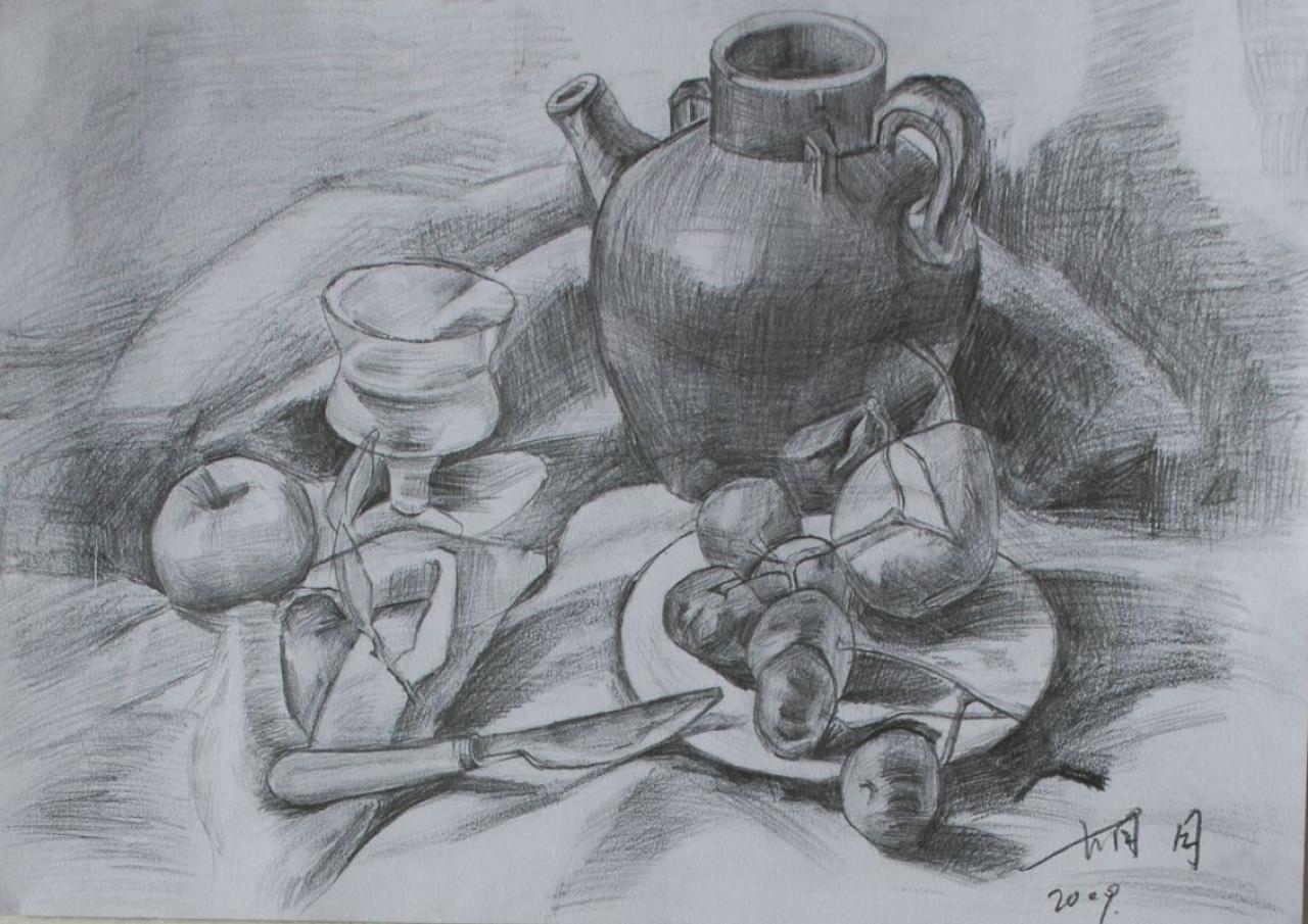 罐子 玻璃杯 水果刀 大蒜 苹果组合 胡月画