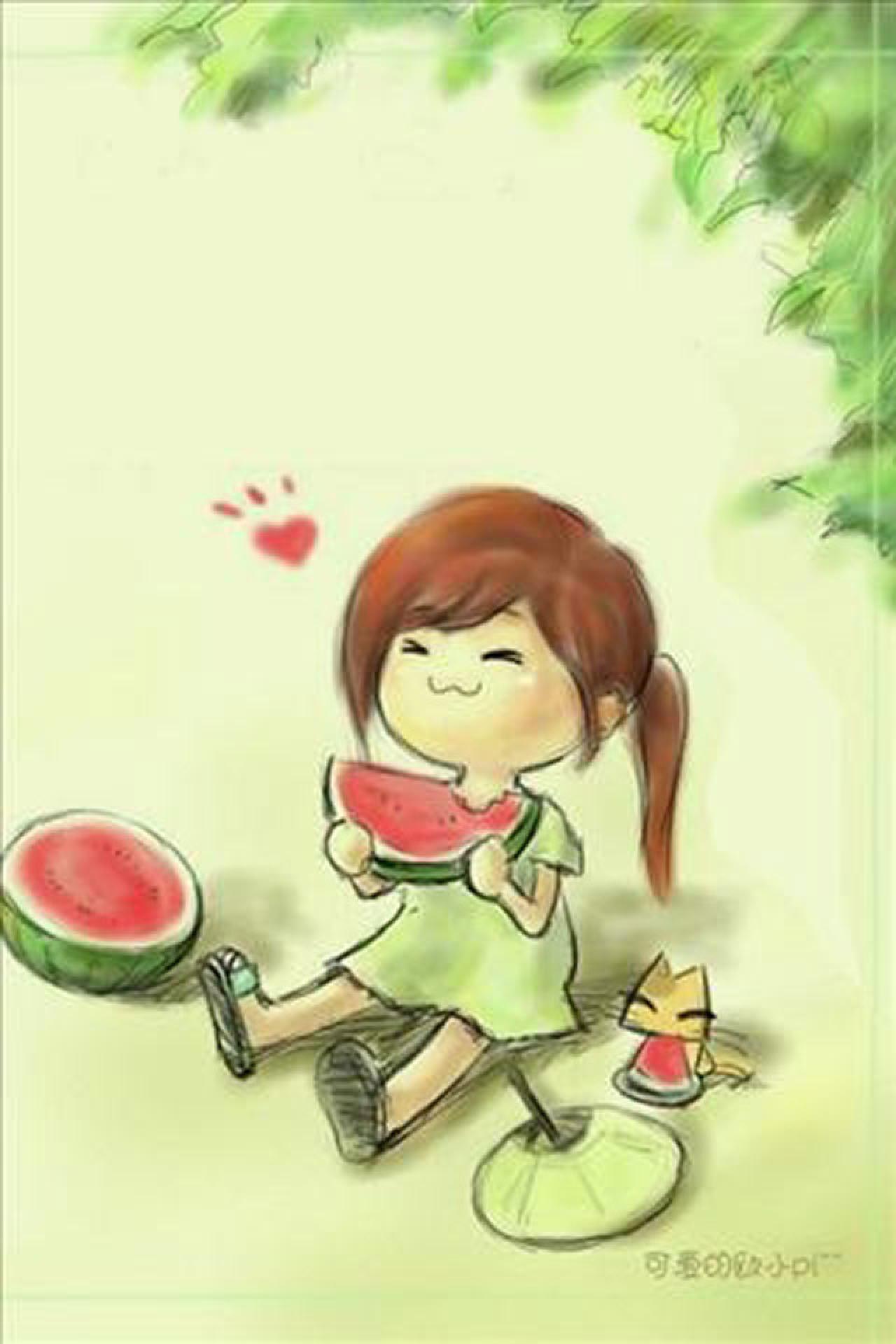 插画：小女孩和小猫在一起开心地啃西瓜