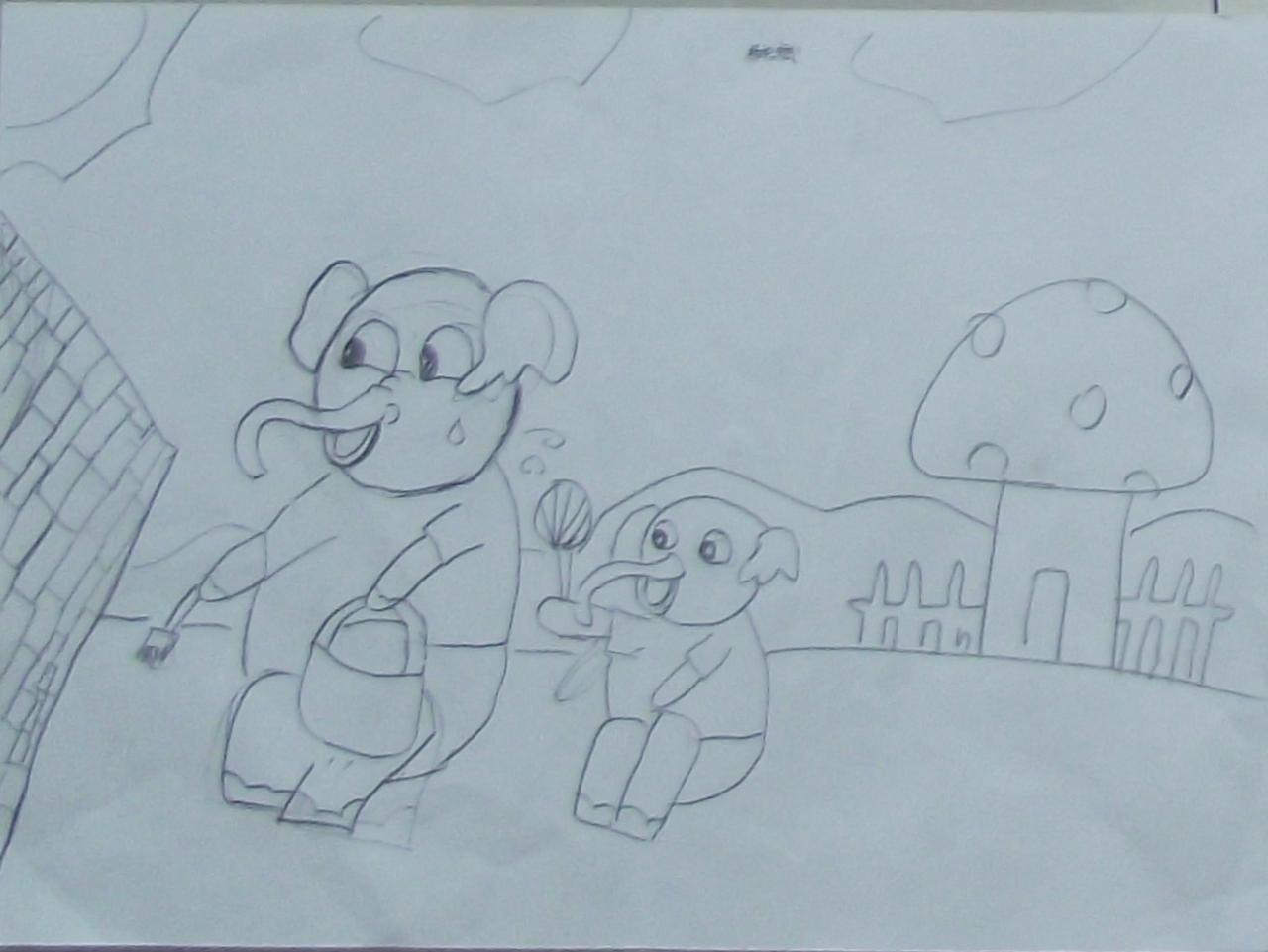 大象和小象刷油漆 杨宏斌画