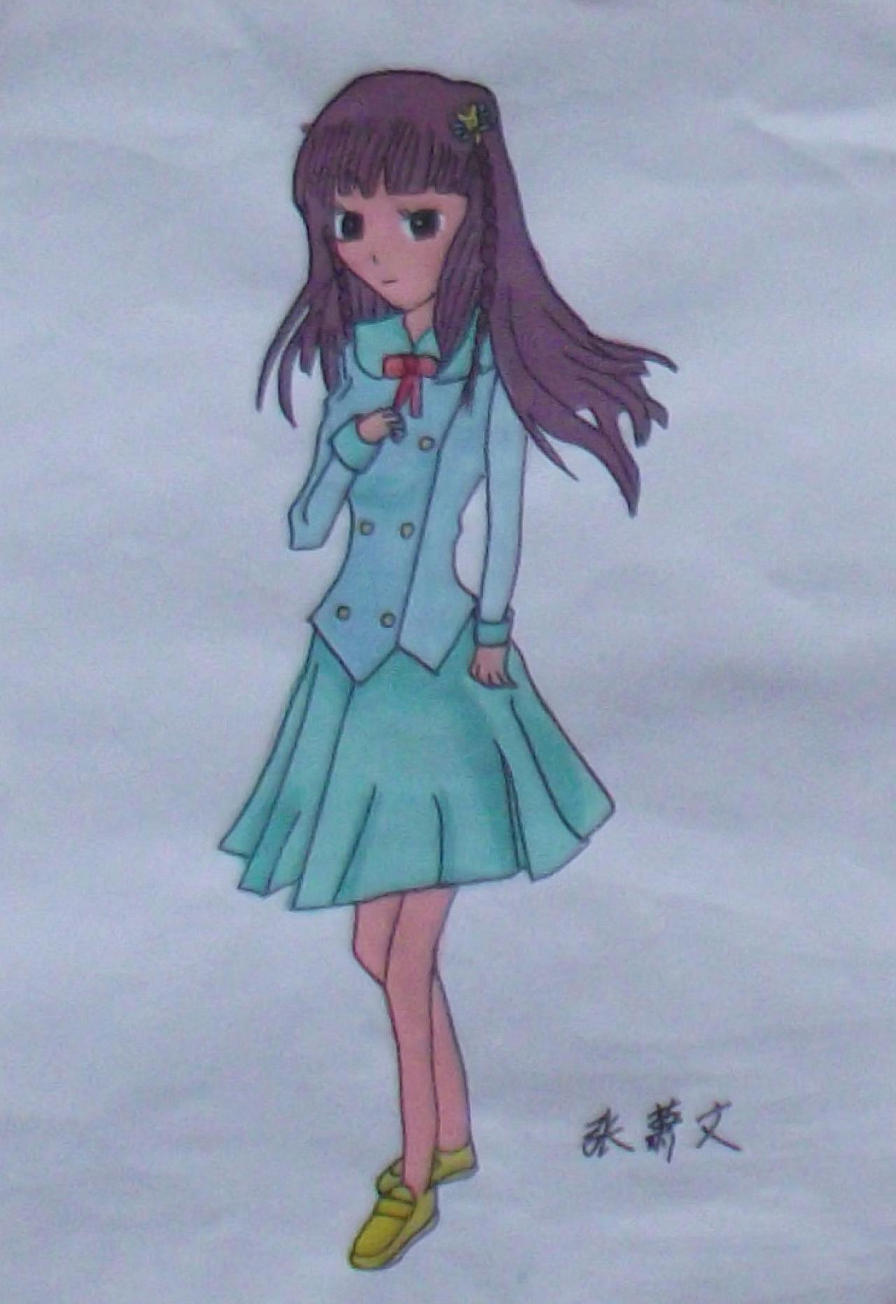 紫色头发穿着绿色服装的女孩 张萧文画