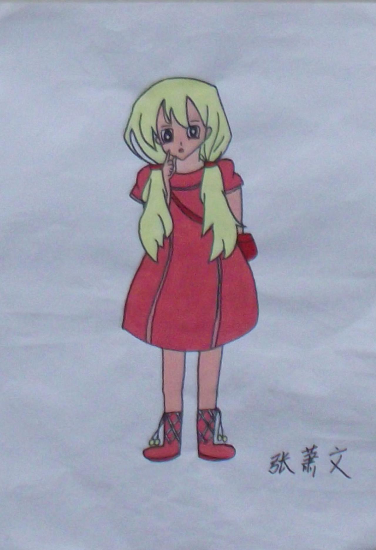 金色头发穿着红色连衣裙斜挎着红色小包的女孩 张萧文画