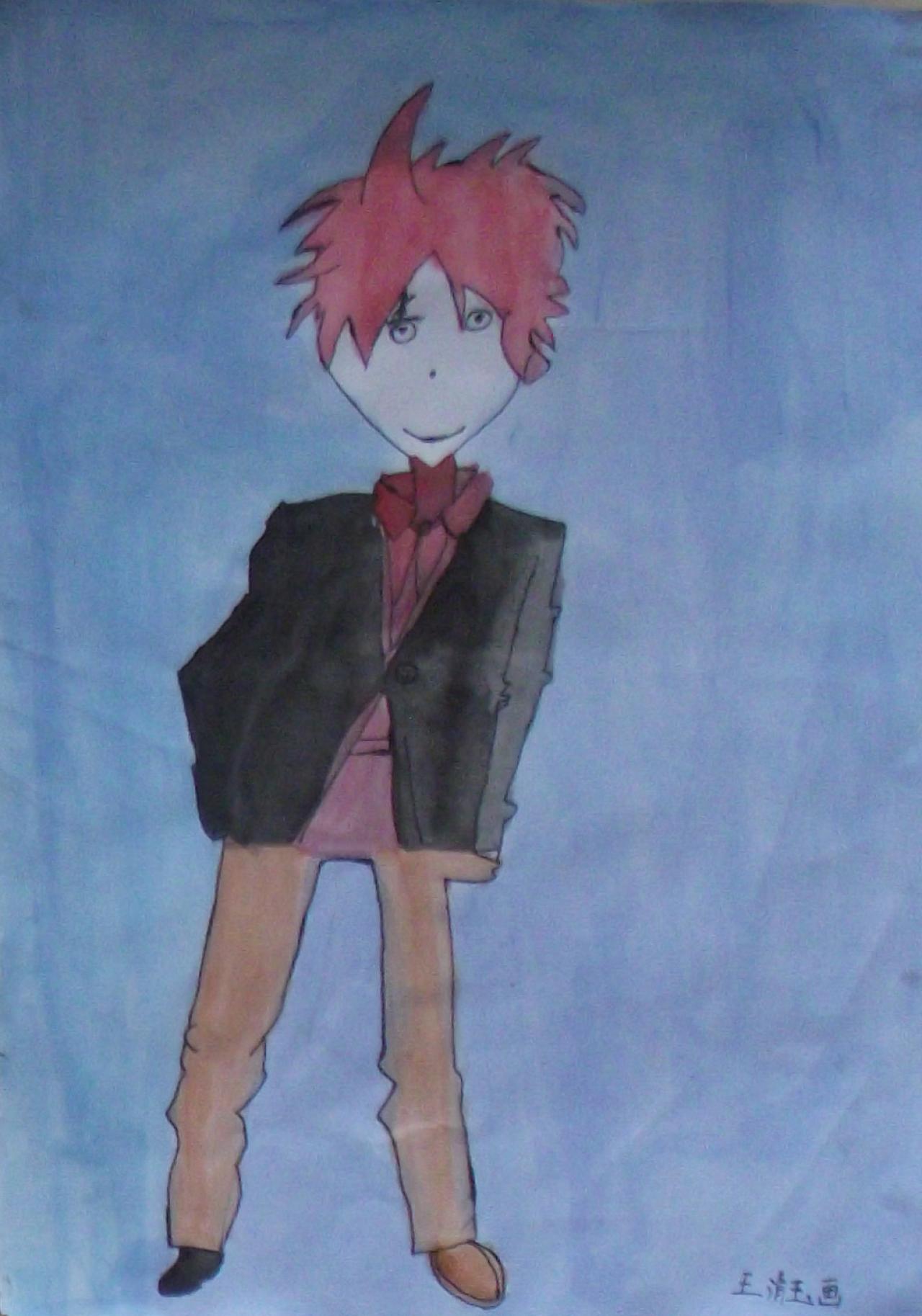 红头发穿黑色衣服只穿了一只鞋的邋遢男孩 王清玉画