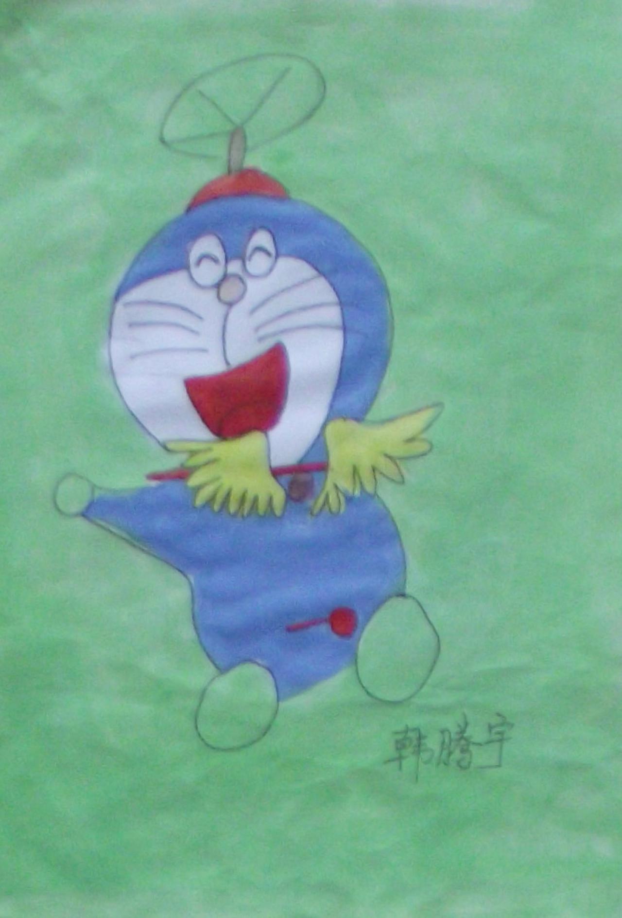戴着竹蜻蜓在天空飞的哆啦A梦（机器猫） 韩腾宇画