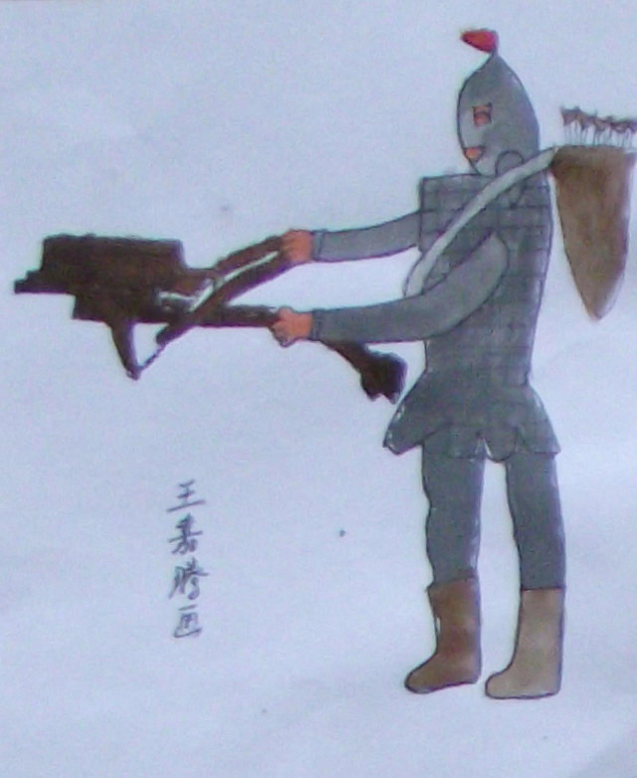 拿着弩，背着箭，全副武装的兵马俑 王嘉腾画