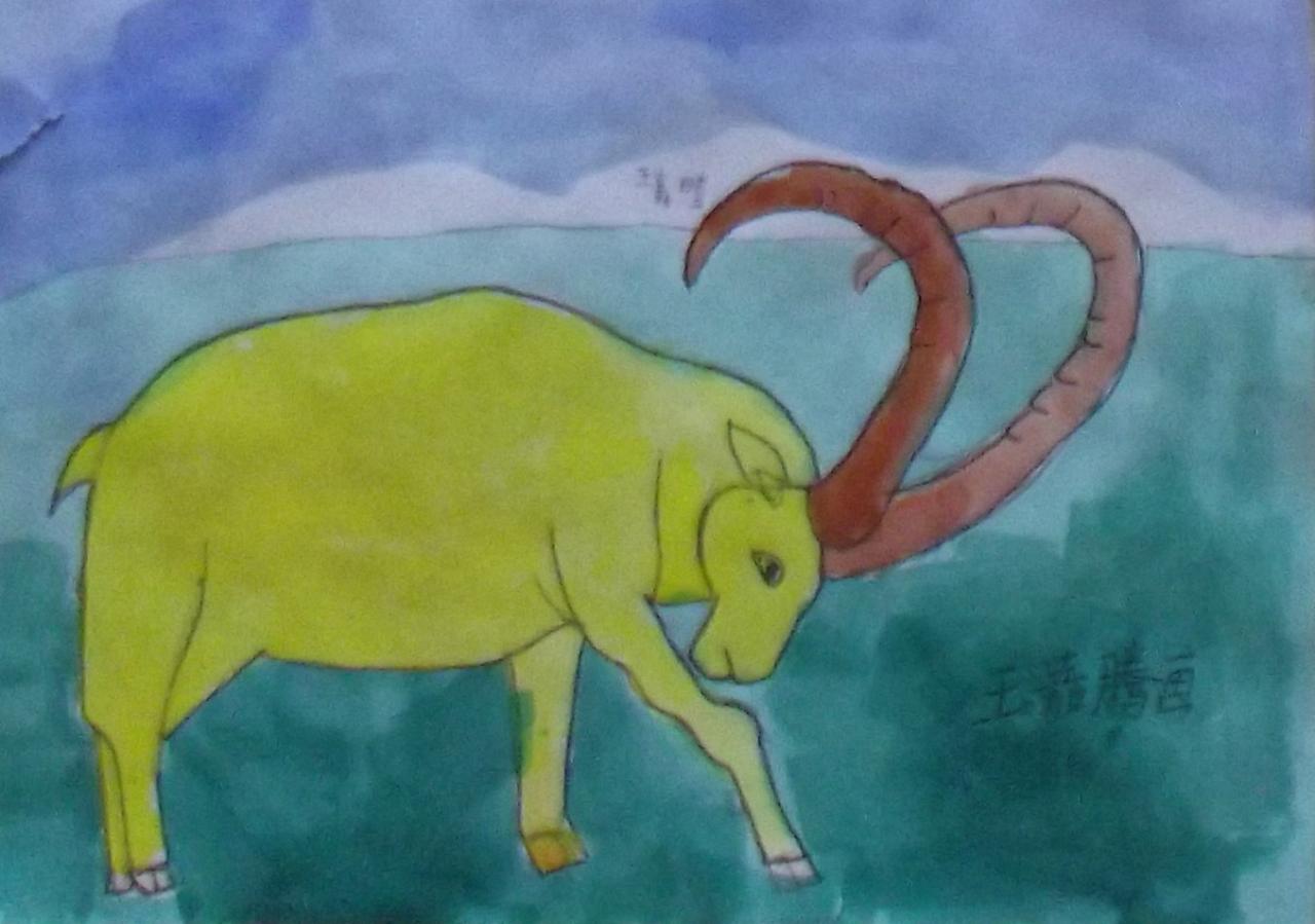 长着两个长角正在搏斗的山羊 王嘉腾画