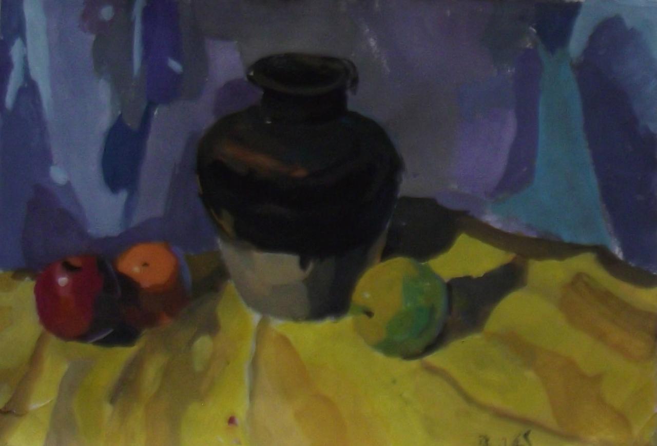 坛子和苹果水粉静物 张江禹画