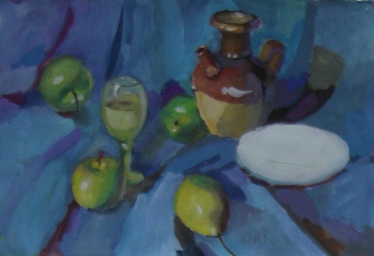 坛子、酒杯和坛子水粉静物 马翔宇画