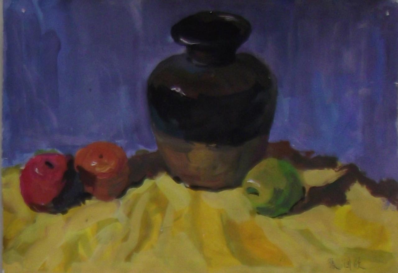 坛子和苹果水粉静物 张润欣画