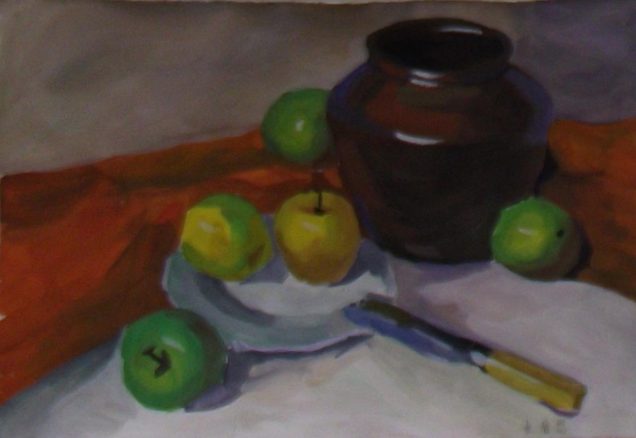坛子、苹果和小刀水粉静物 杜睿思画