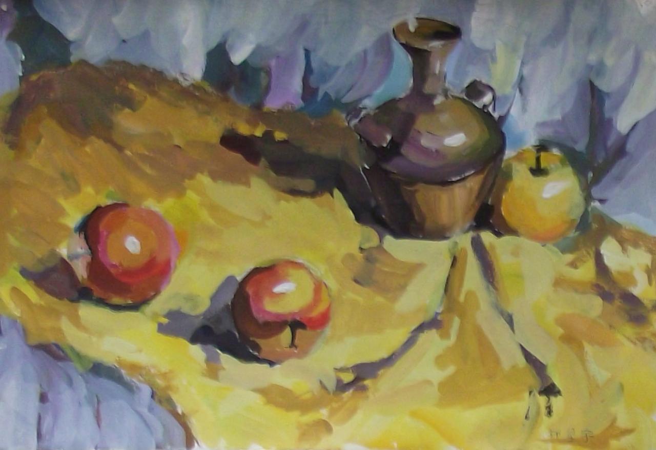 罐子、苹果水粉静物画 郑星宇画