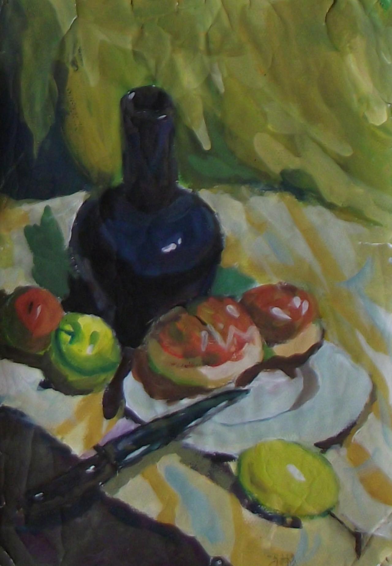 罐子、面包和苹果水粉静物 冯彬画