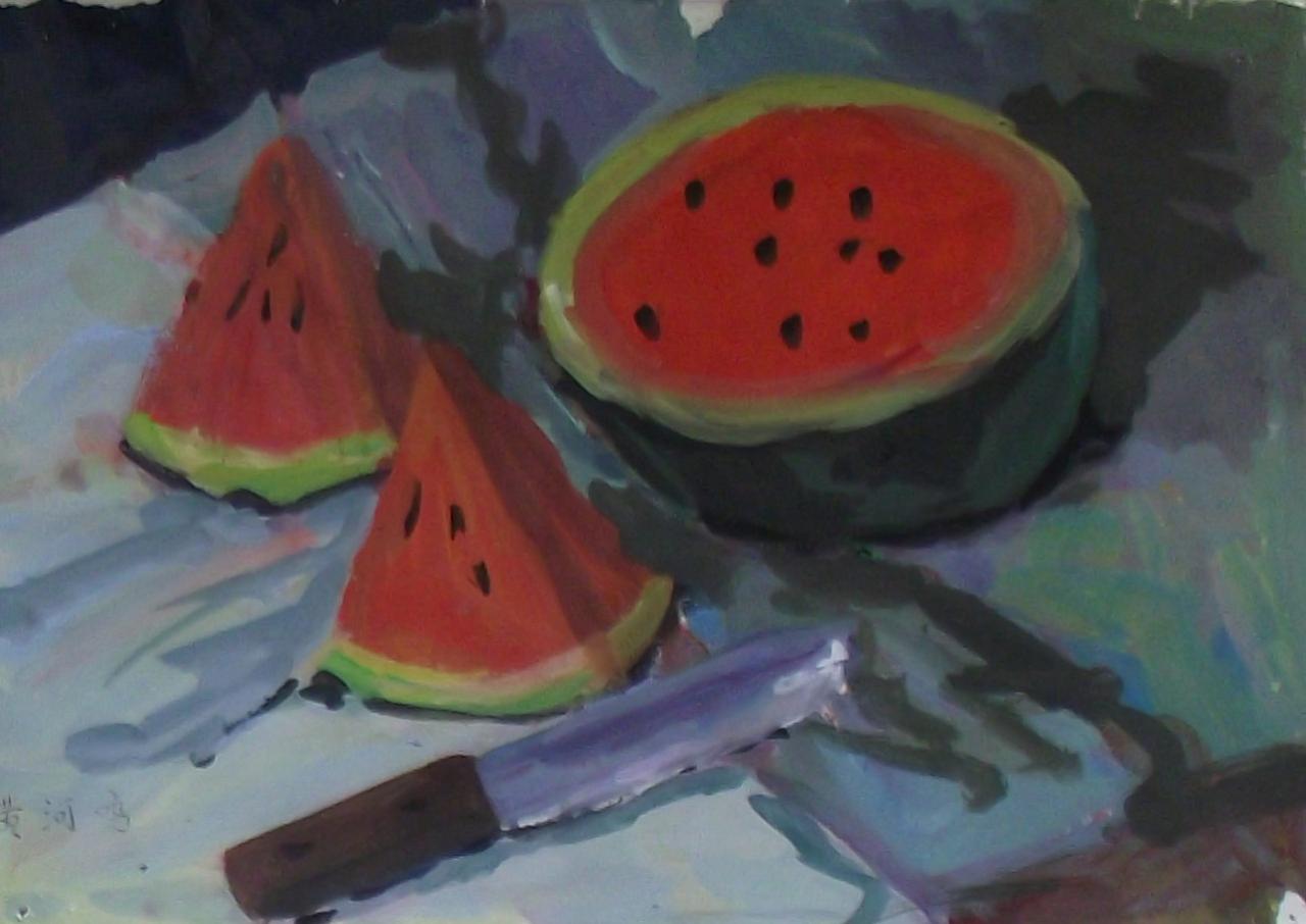 西瓜和水果刀水粉静物画 黄河鸣画