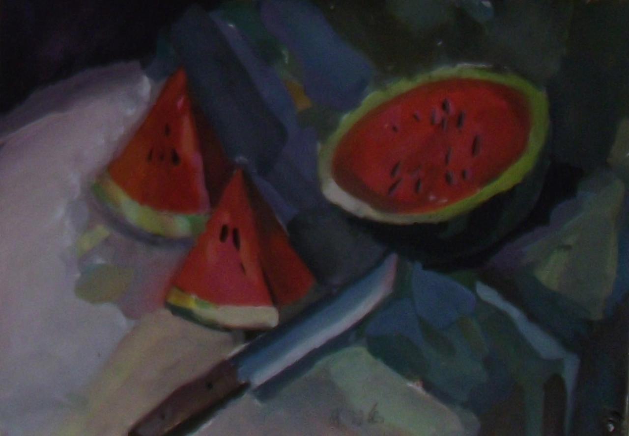 西瓜和水果刀水粉静物画 张江禹画