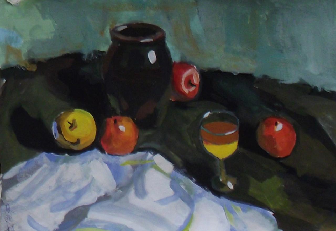 罐子、苹果和果汁水粉静物 敬越媛画