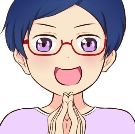 蓝色头发，紫色眼睛和上衣，戴着眼睛男孩的头像