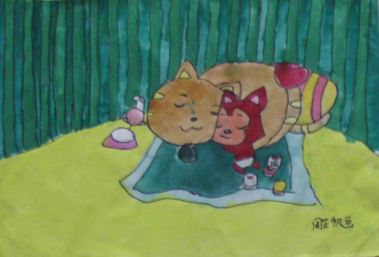 阿狸枕着小猫睡觉 周芷帆画
