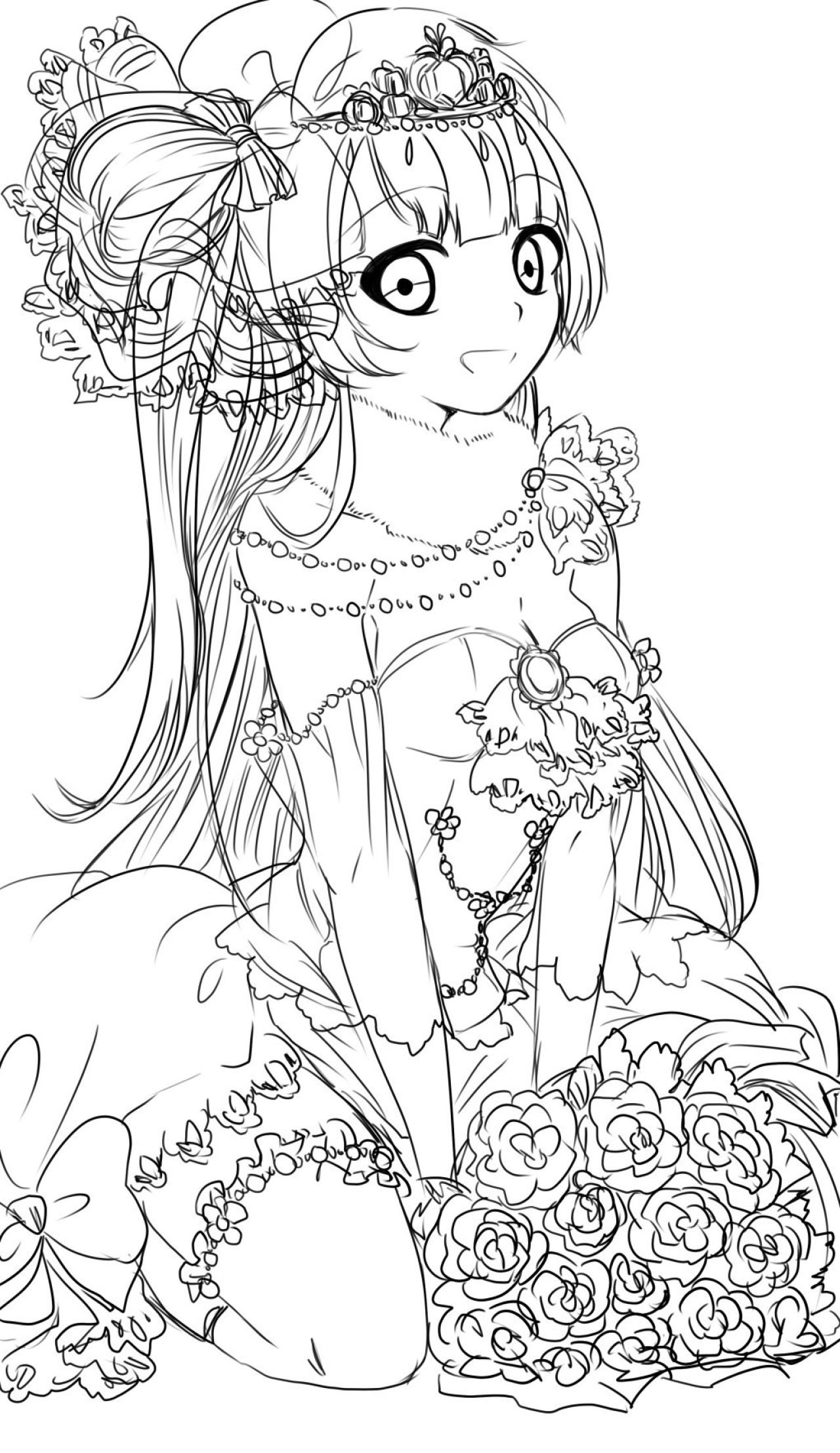 跪坐在地上的长发新娘线稿 叶纸-啃画