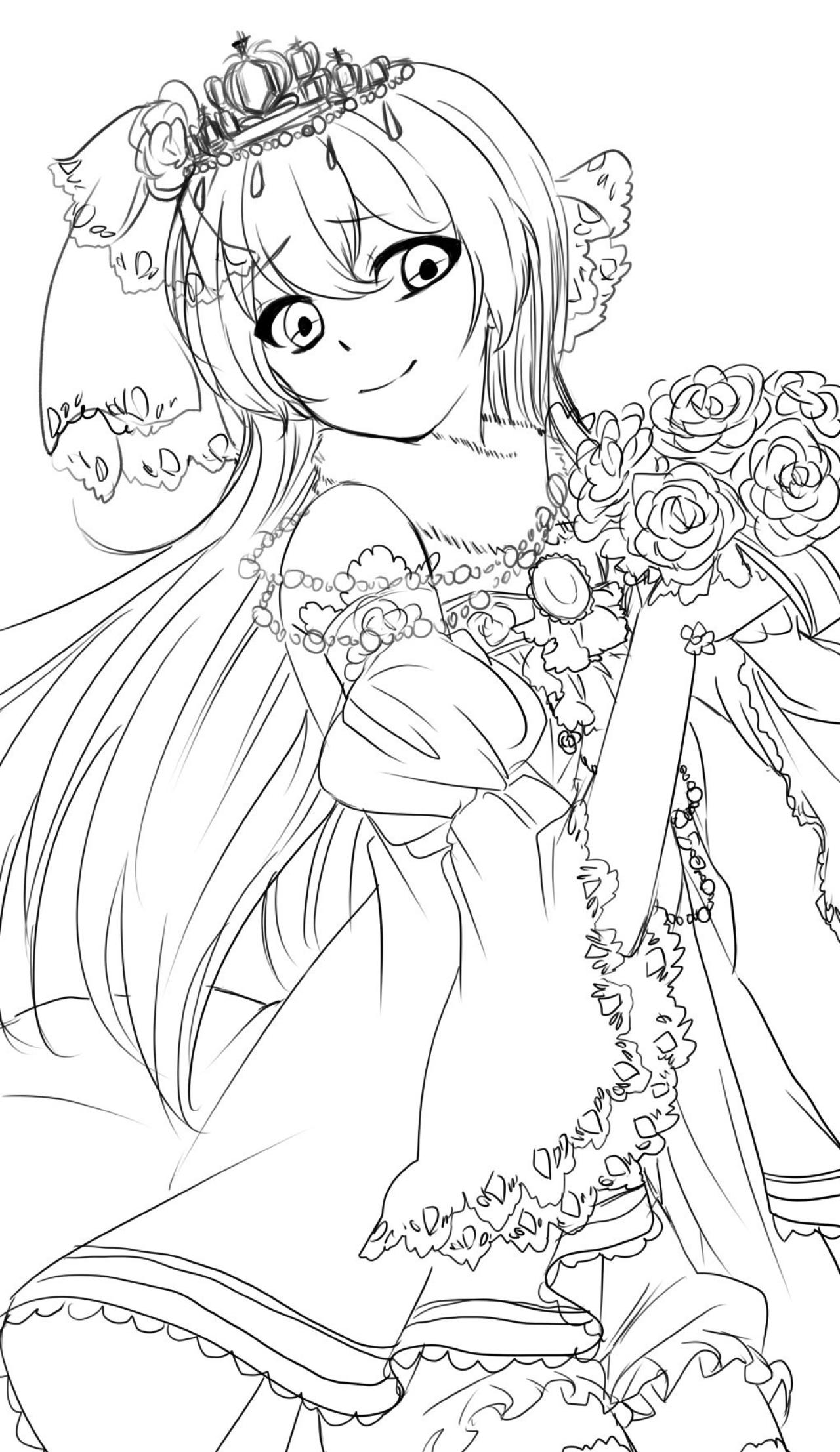 戴着王冠，拿着手捧花的长发新娘微侧面线稿 叶纸-啃画