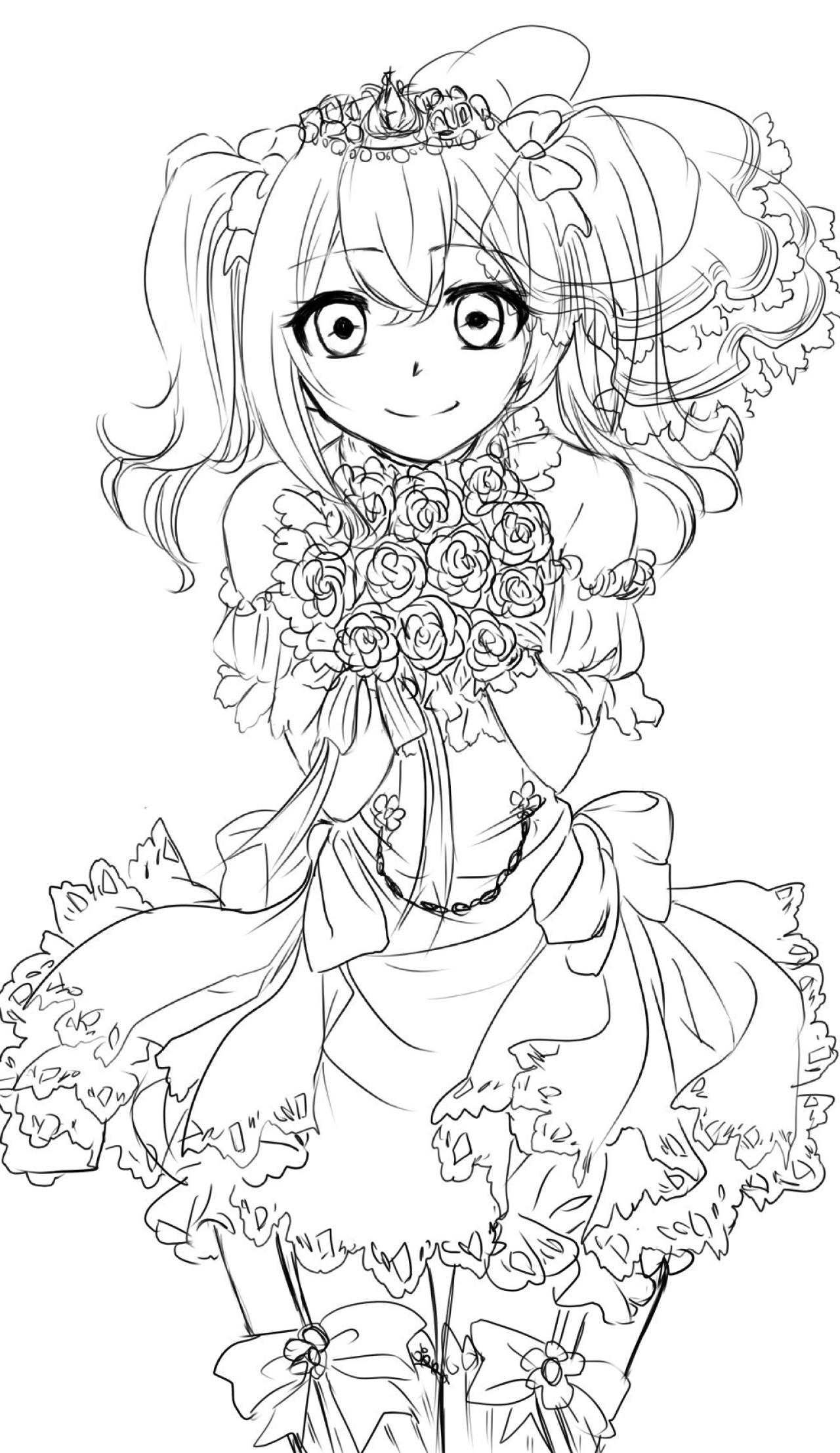 戴着王冠，拿着手捧花，双马尾新娘 叶纸-啃画