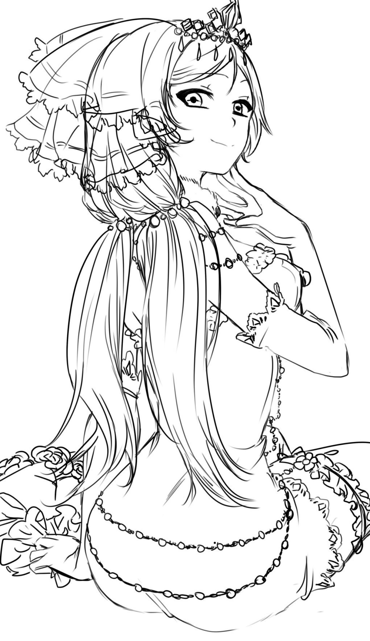 坐在地上手摸着下巴回过头的新娘 叶纸-啃画