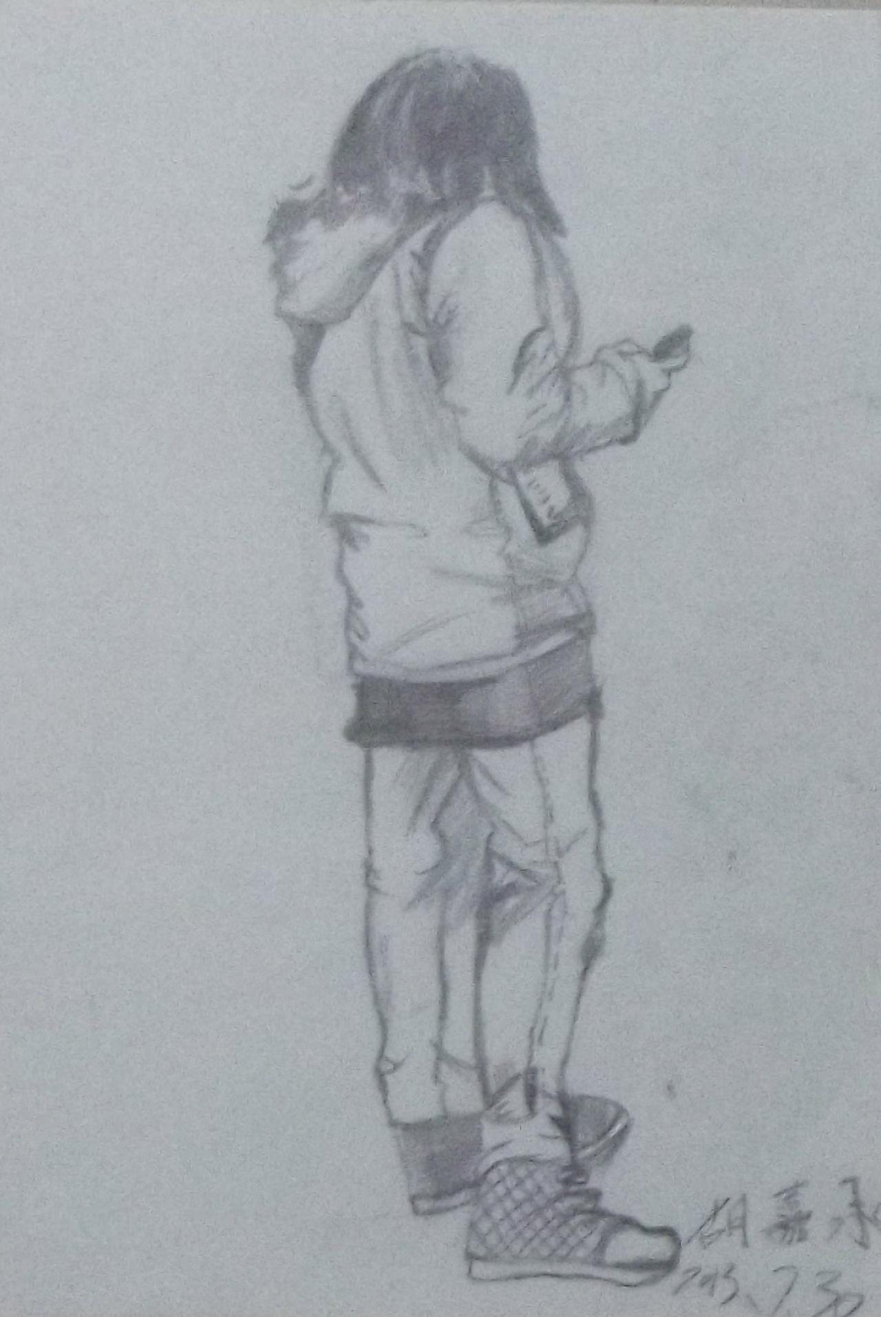 拿着手机的人物背面 胡嘉承画