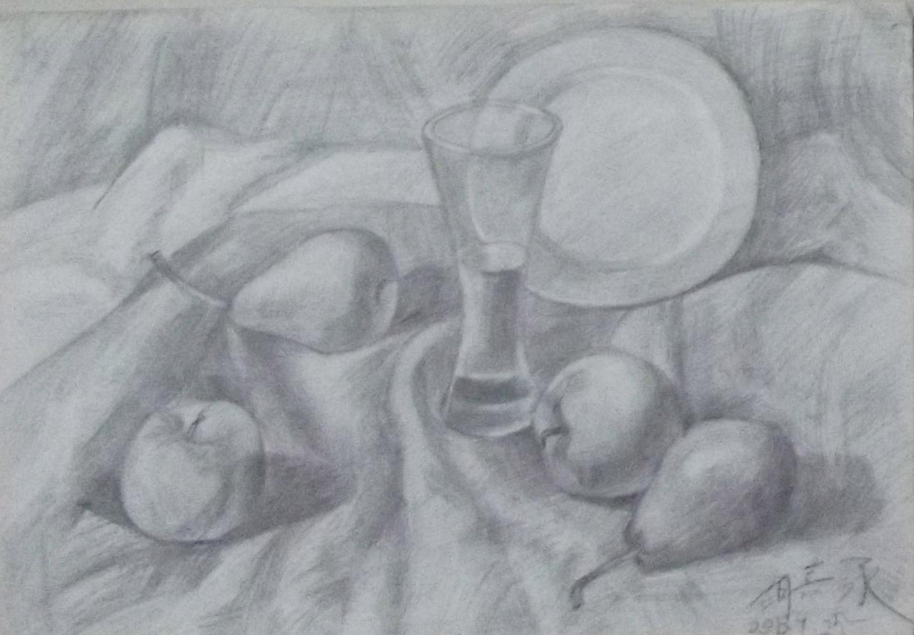 水果、盘子、杯子组合静物 胡嘉承画