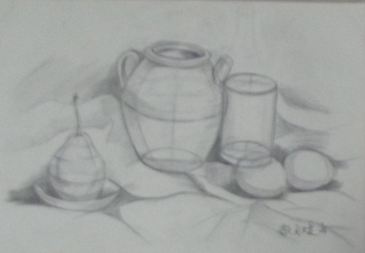 坛子、水果和盘子等静物组合 敬月媛画